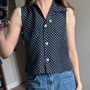 Vintage Silk Polka Dot Sleeveless Button Down Top